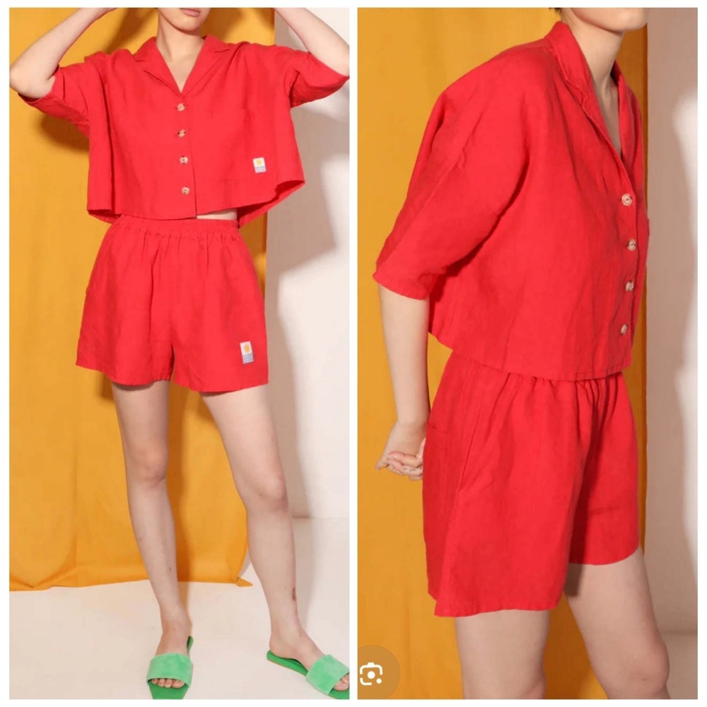 L.F. Markey Maxim Shirt Womens S/M Vermillion Red Linen Cropped Boxy Art